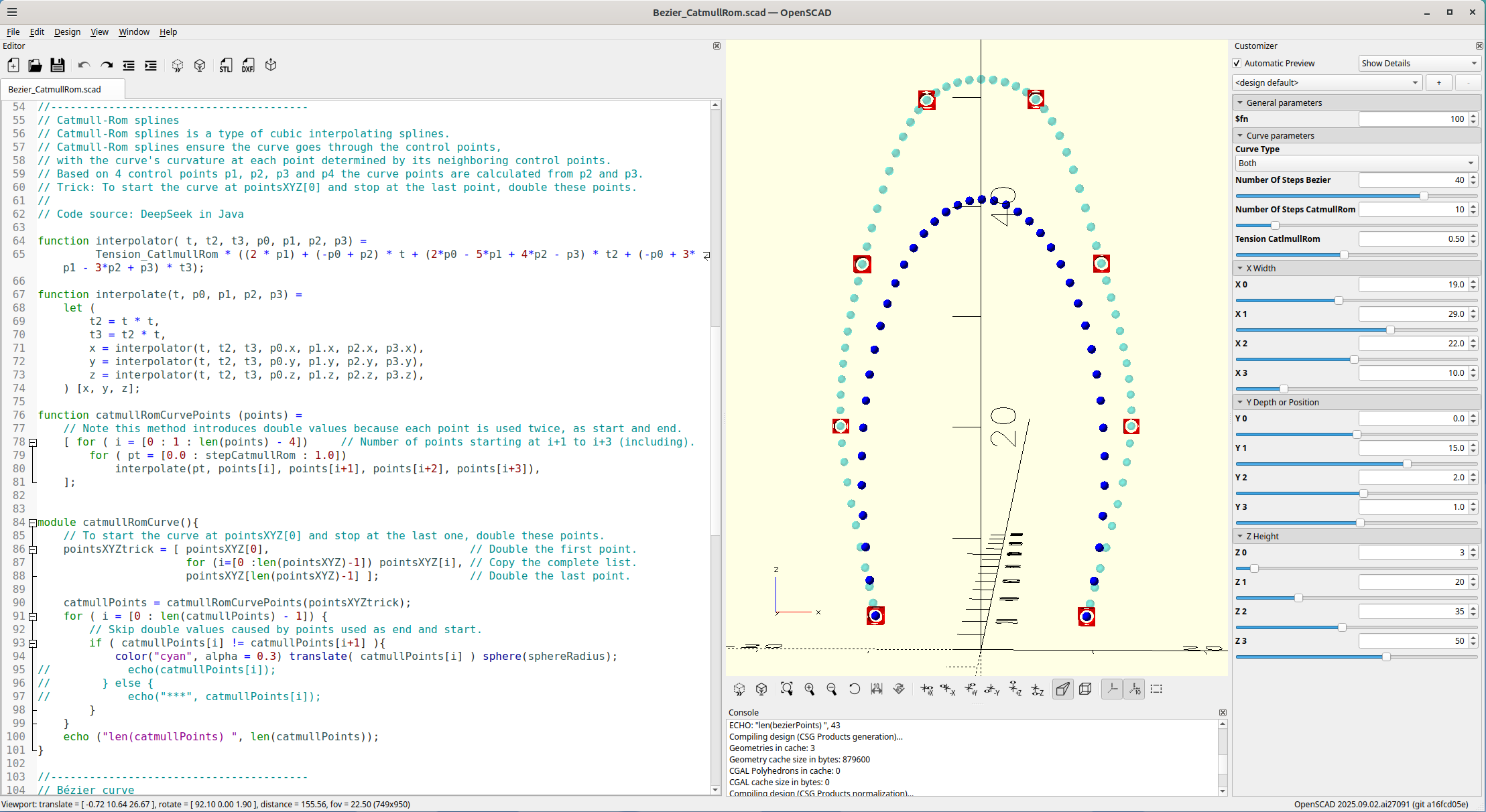 Bézier or Catmull-Rom splines in OpenSCAD 3D model
