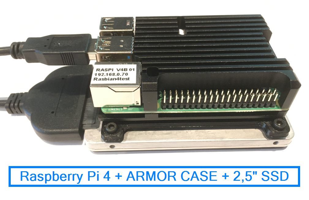 Piggyback adapter Raspberry Pi 4 + ARMOR Case + 2,5" SSD Drive