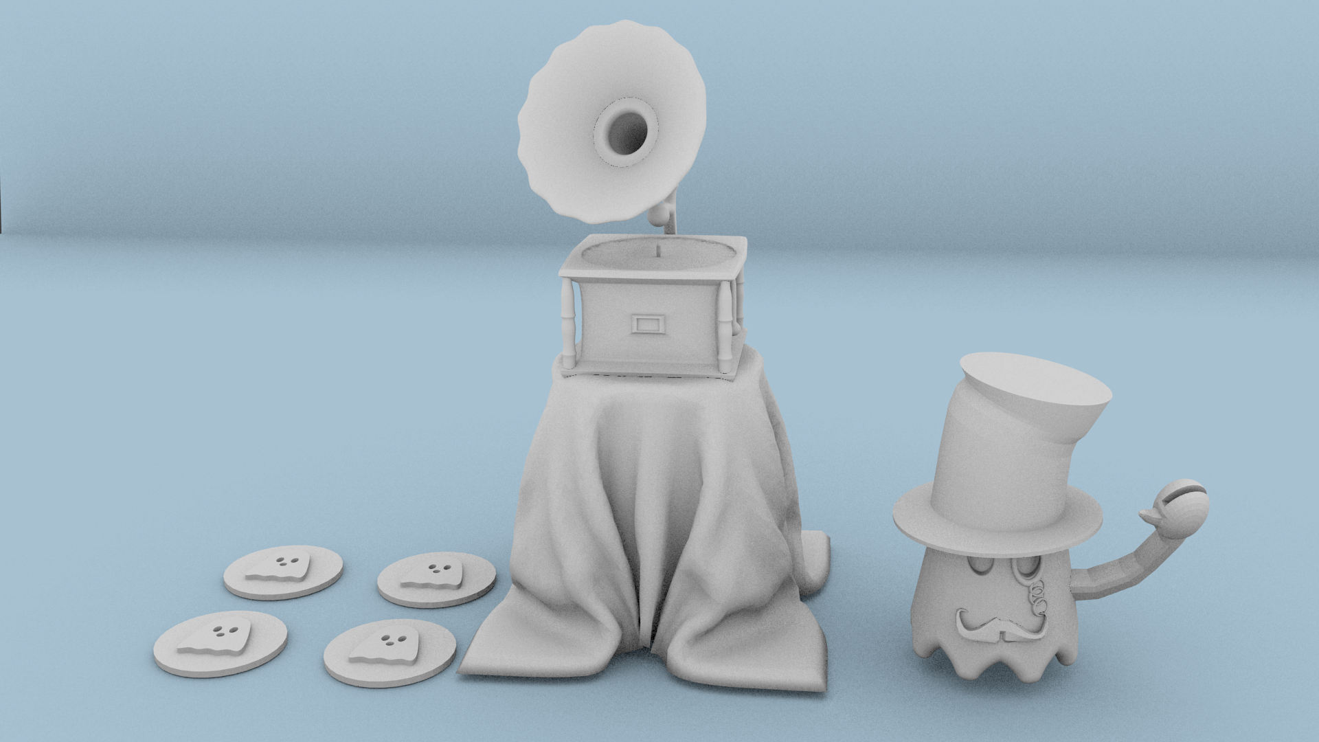 Gramophone whith ghostly mini figure and discs