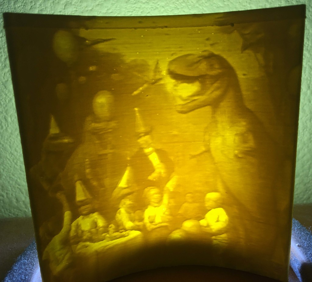Lithophane of a T-Rex Birthday Party