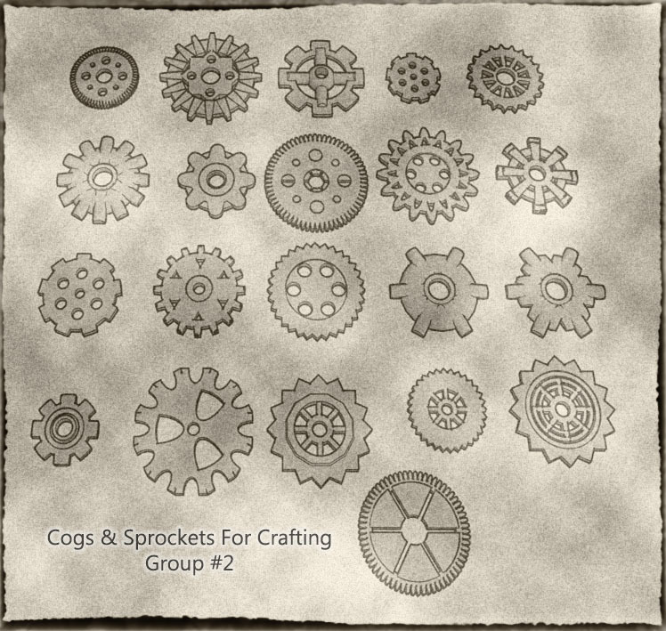 Cogs, Gears and Sprockets Group 2 [21 different styles and sizes] for Crafting Steampunk ,Mechanical ,Warhammer 40k theme terrain