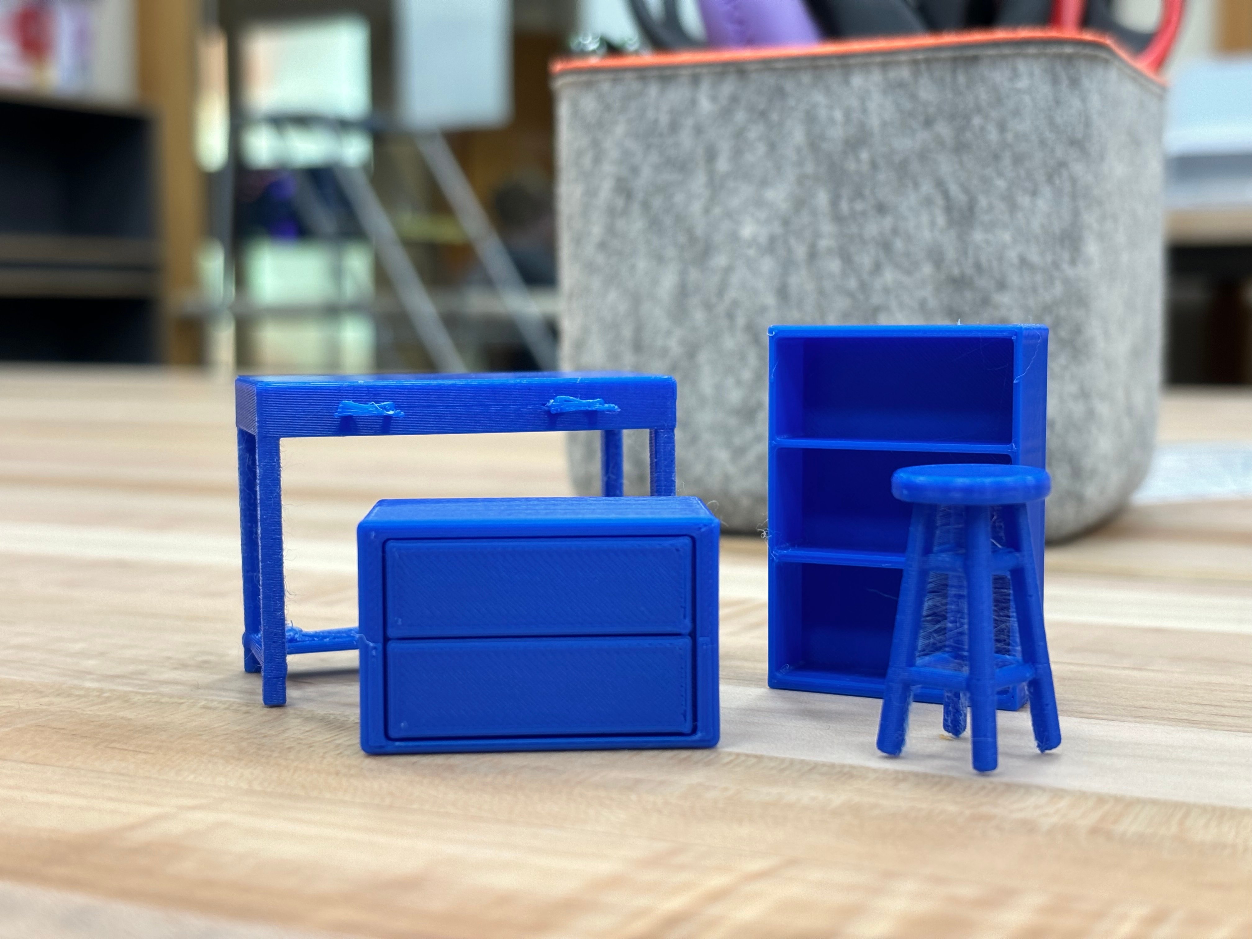 Mini Furniture Models: Shelf, bed, drawers, stool, and desk