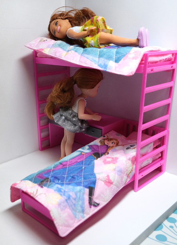 L-shaped bunk bed with desk for dolls 1:12 scale