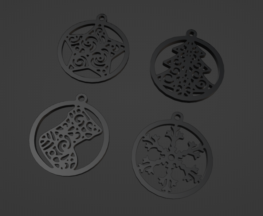Set of Christmas Ornaments: Star, Stocking, Snowflake, and Christmas Tree
