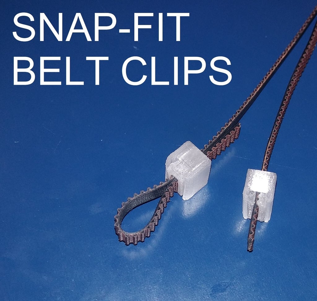 Snap fit Gt2 belt clamps/clips/ties for reprap, creality, and many other machines. Includes belt ends, or belt loop clips.