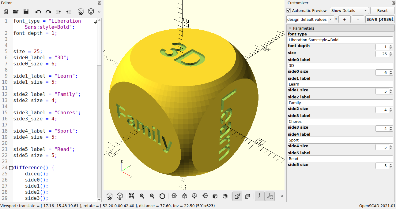 Customizable and Parametrized Dice (Productive Dice included)