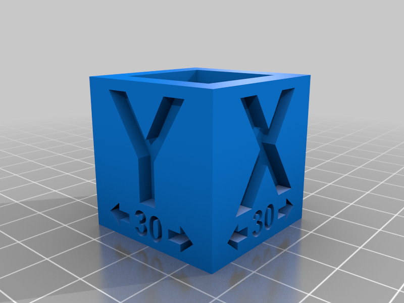 30mm calibration hollow cube with references to where to measure (Fusion 360)