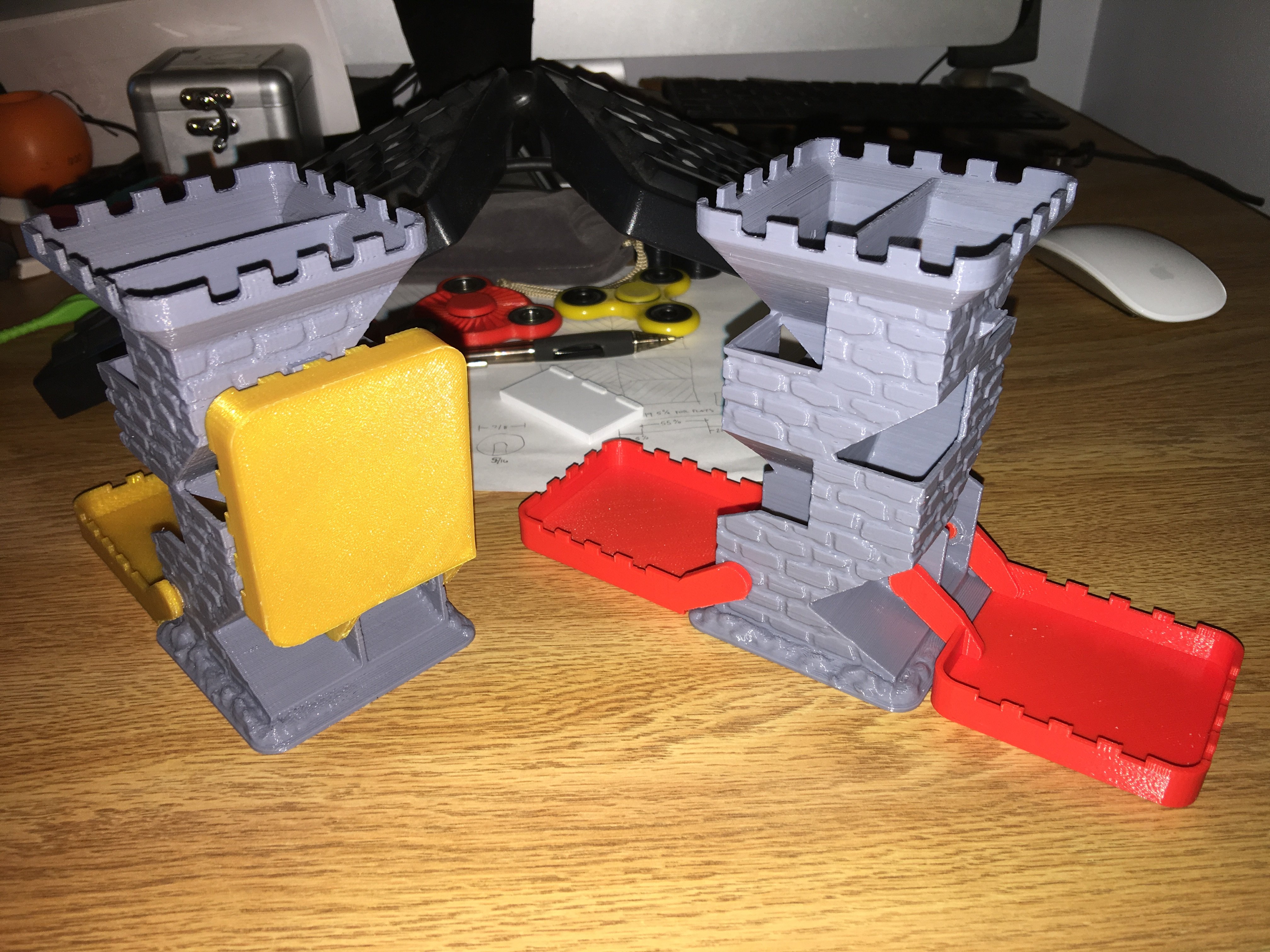 Brick dice tower with crenellated trays
