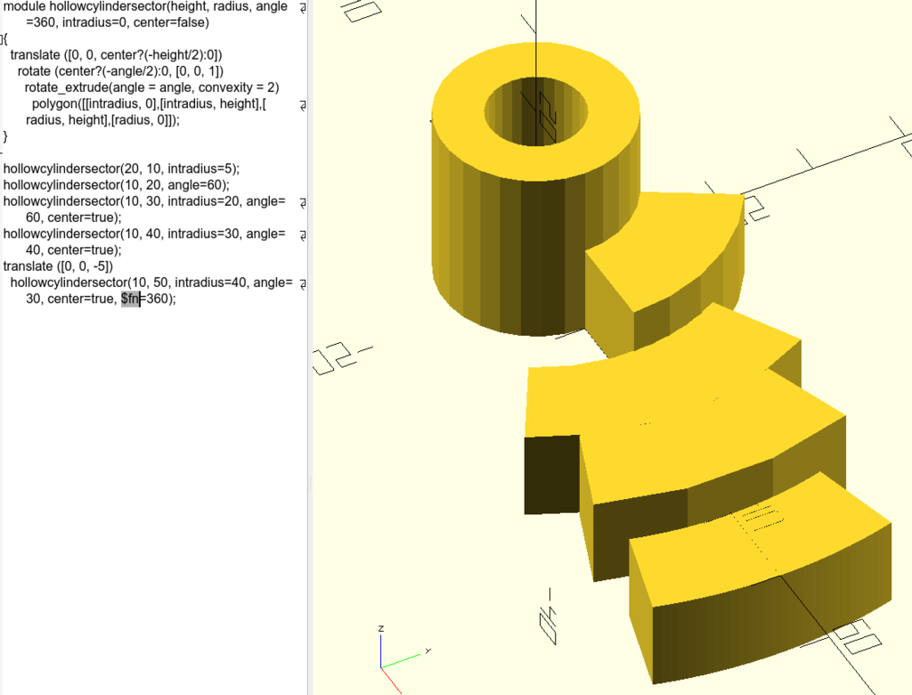 OpenSCAD simple hollowed cylinder and sector of it !