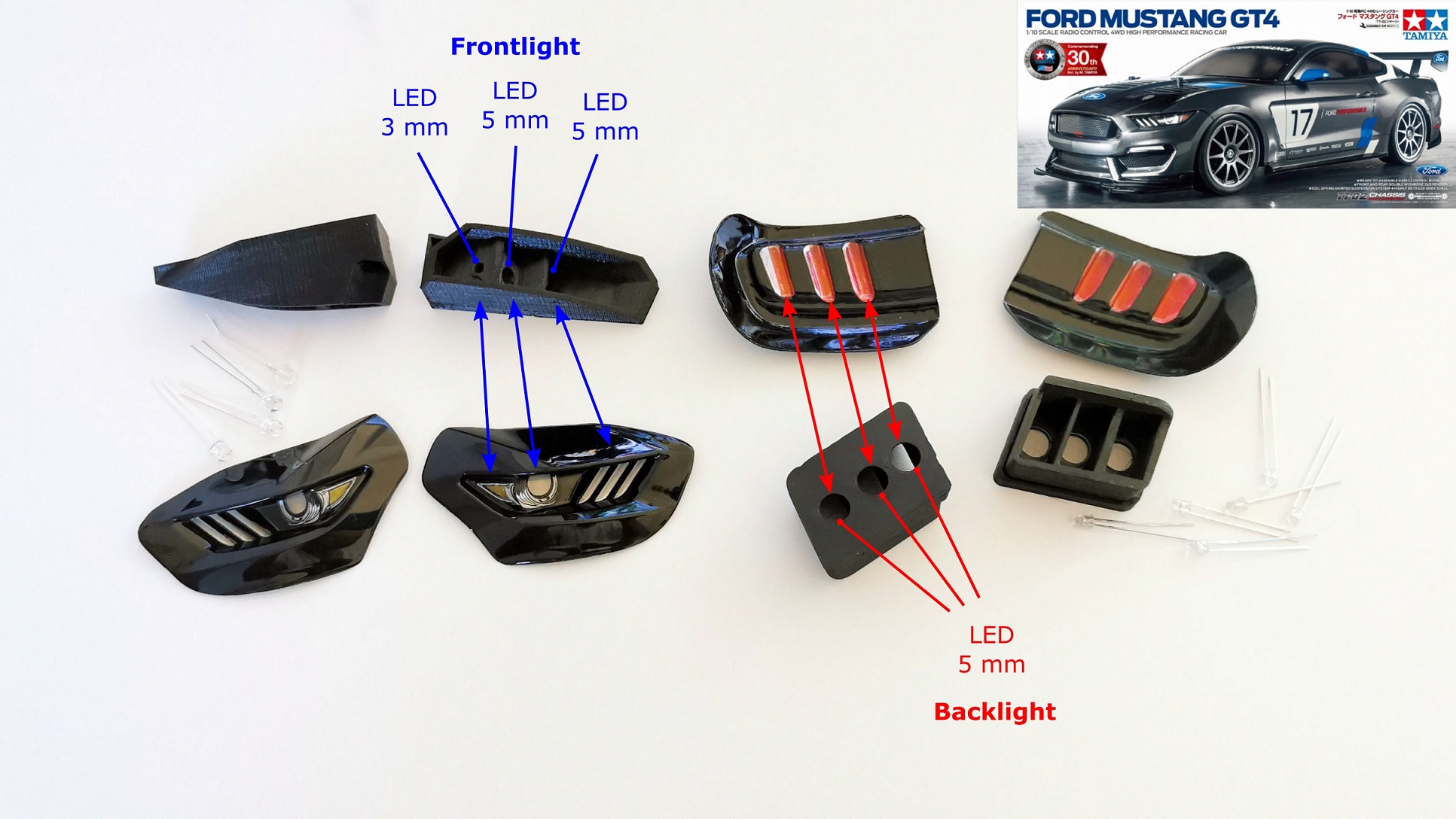 Tamiya Ford Mustang GT4 LED Holder Front & Back Lights