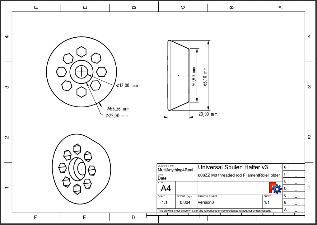 Universal Spulen Halter / Spool holder with OR without BallBearing 608ZZ to M8 threaded rod