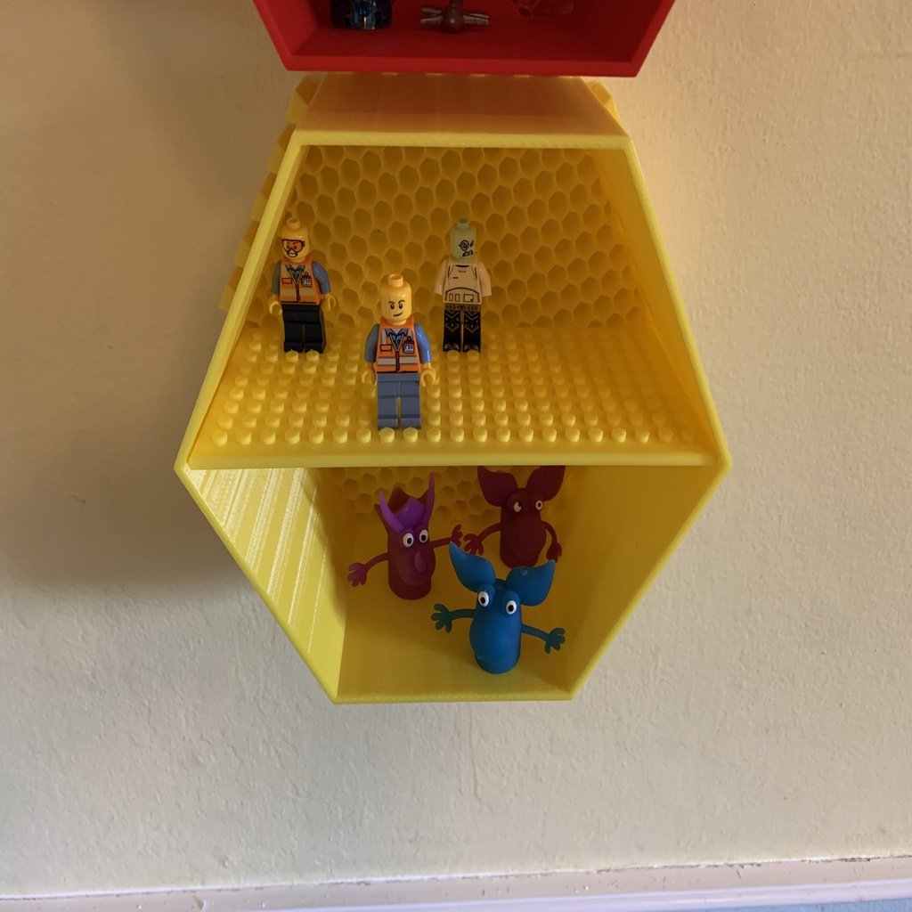 Lego compatible shelves for Wall mounted honeycomb shelf system