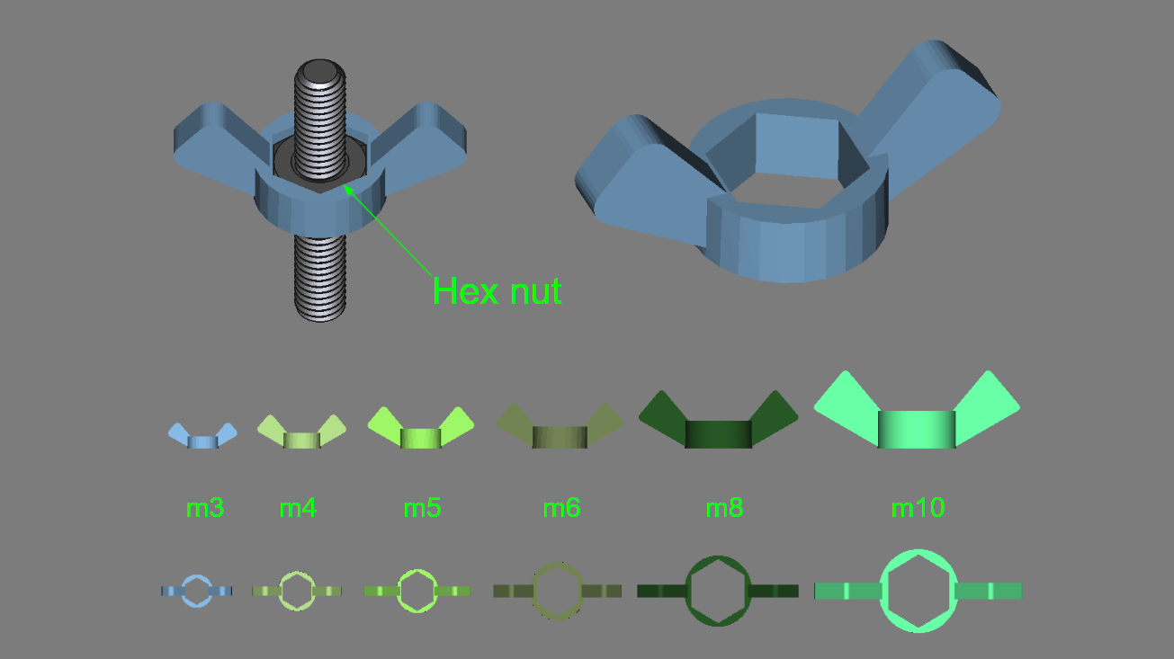 Hex nut to wing nut collection m3-m10