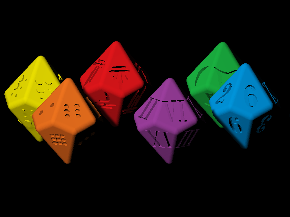 Decahedron dice with Arabic, Roman, Braille, Draconic and Klingon numerals