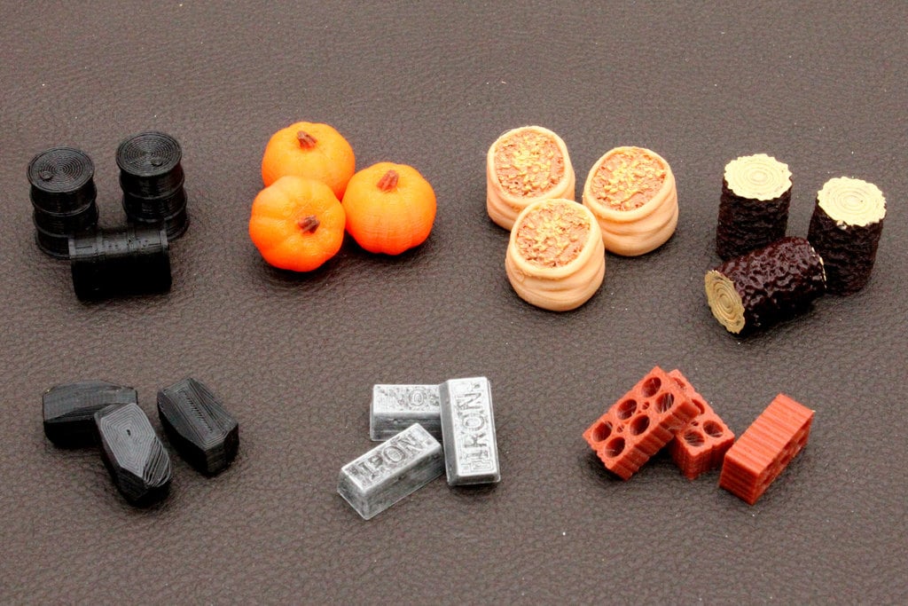 Board Game resources, Food-Grain, Pumpkin, Wood, Metal-Iron, Coal, Brick-Clay and Oil Tokens