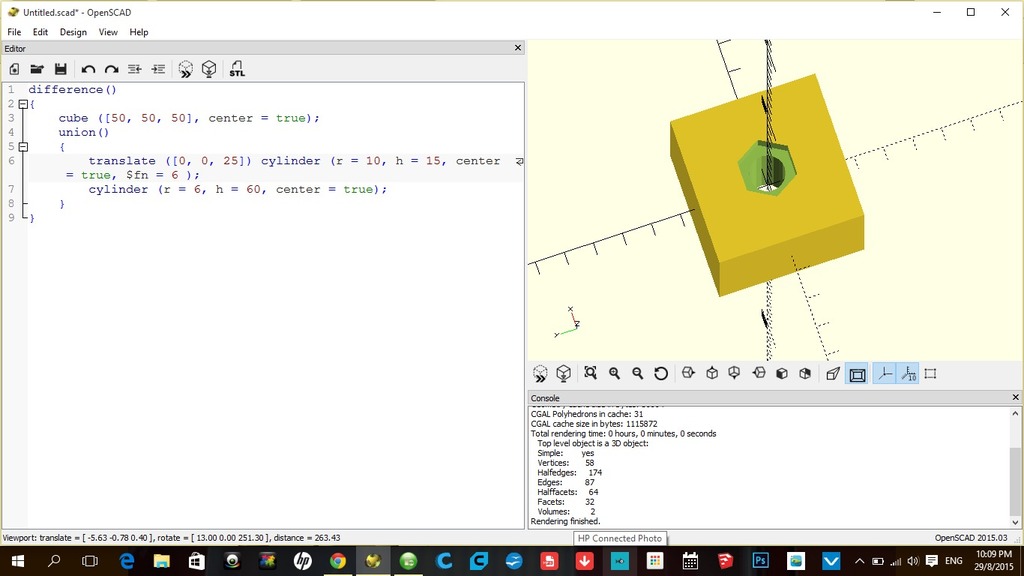 OpenSCAD: Cube Cylinder Hexagonal Nut - 29th Aug 2015 [ 1025pm ]