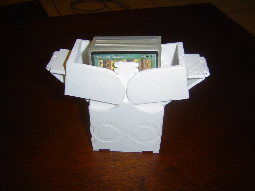 CCG deck box with geared pivoting lid