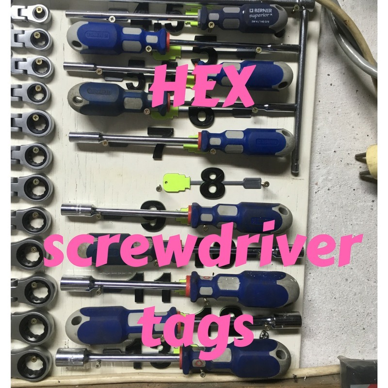 Hex socket wrench screwdriver pegboard tags