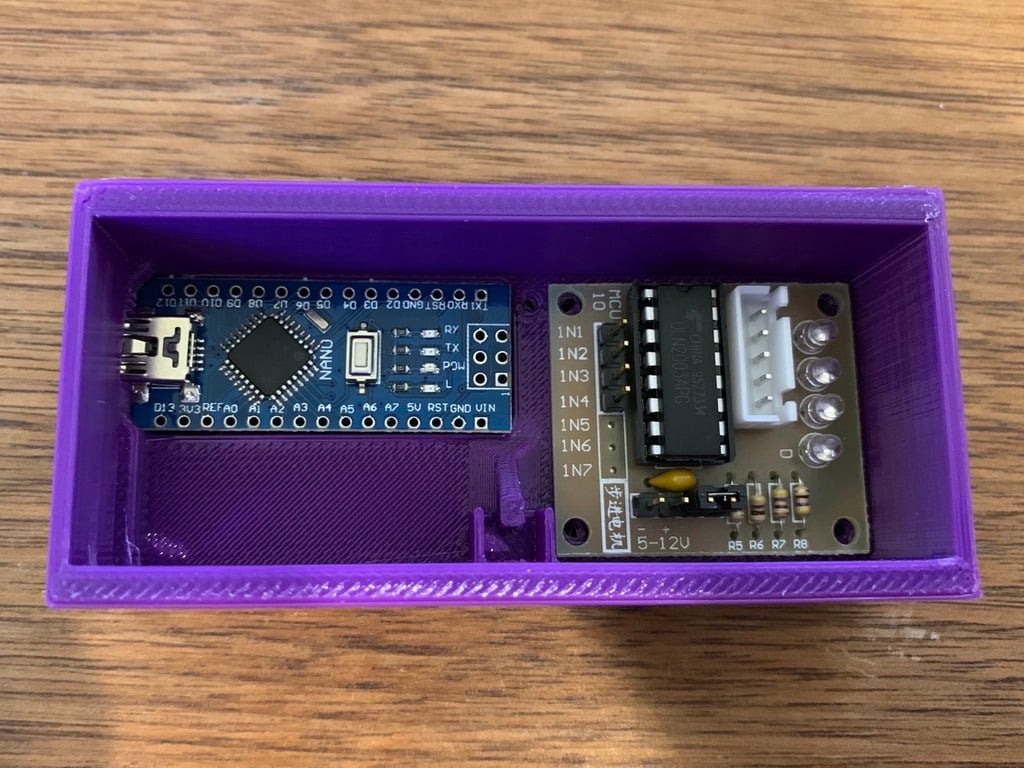 Box for Arduino Nano, 28BYJ-48 driver, plus Button and firmware for On, Reverse, Off control.