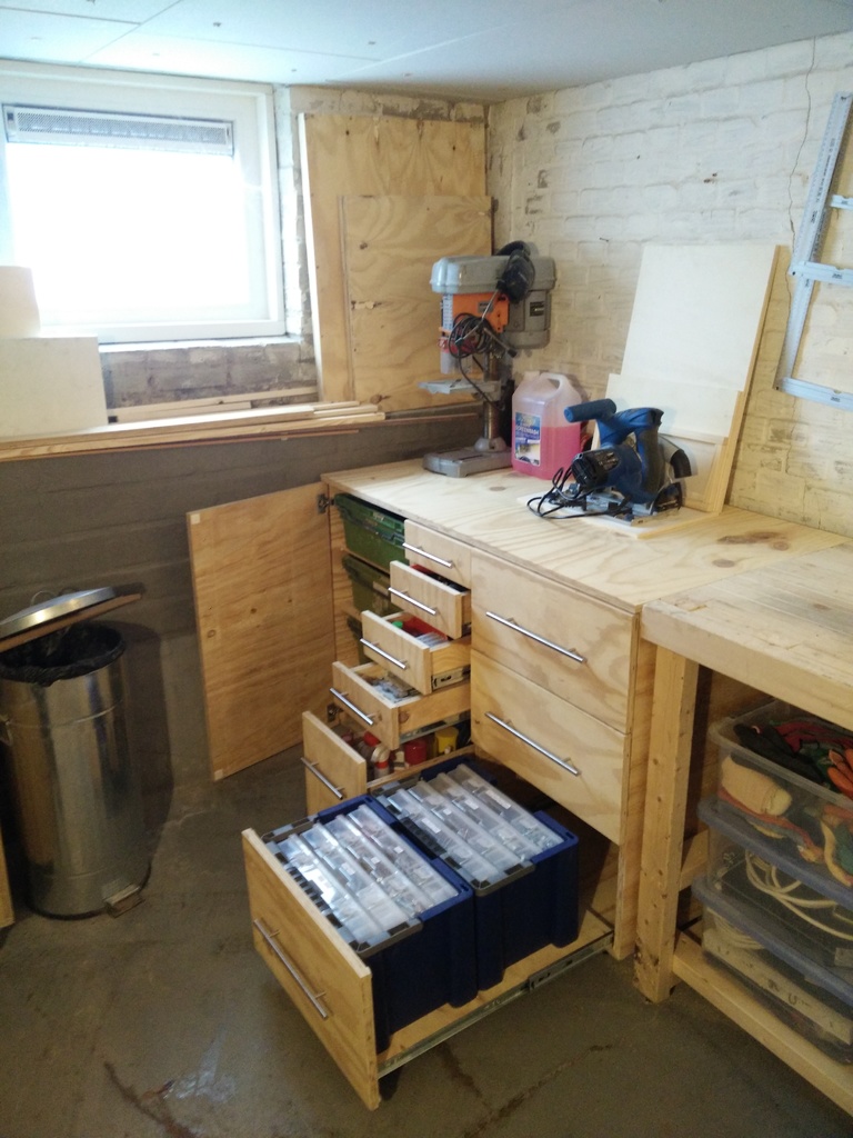 Workbench cabinet with drawers