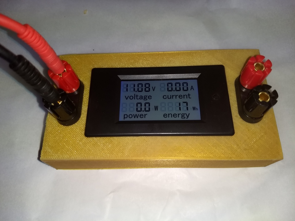 Voltage and current consumption meter case with mounts for 4mm banana plug jacks.