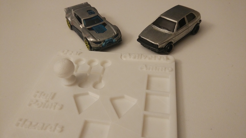 Gaslands vehicle dice dashboard with shifter