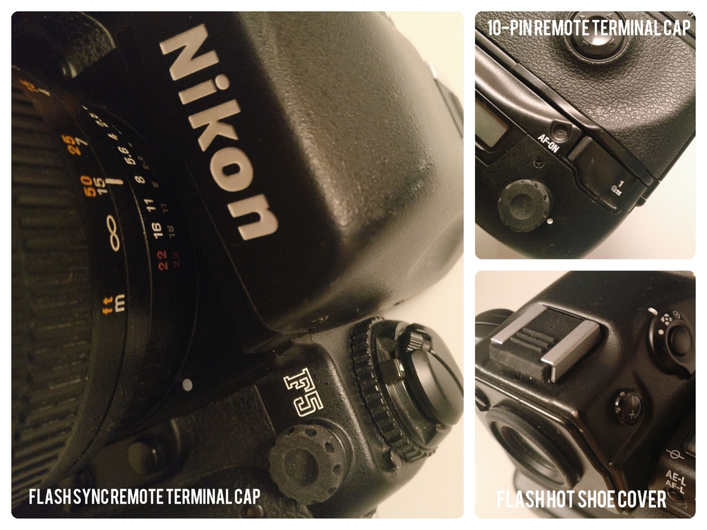 Nikon F5 Hot Shoe cover, Flash Sync and 10-pin Remote Terminal caps 