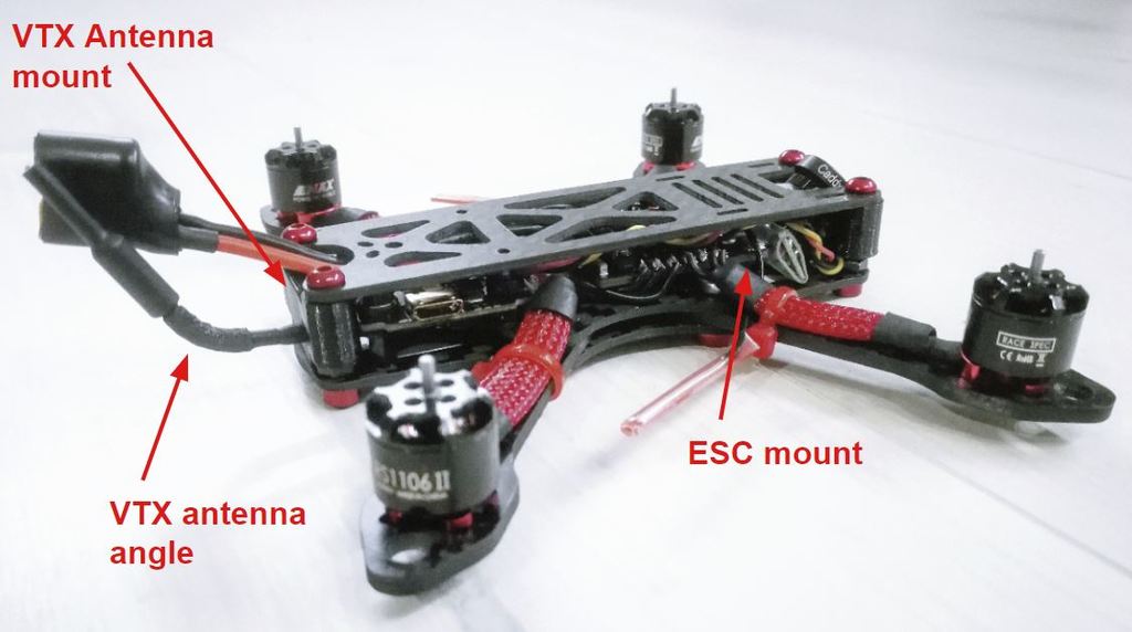 Red Black concept FPV drone parts - Camera mount, vtx mount, ESC mount.