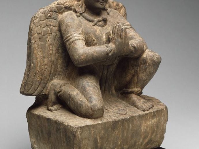 God Vishnu's Mount, Garuda, Kneeling with Hands in Gesture of Adoration (Anjalimudra), 14th century