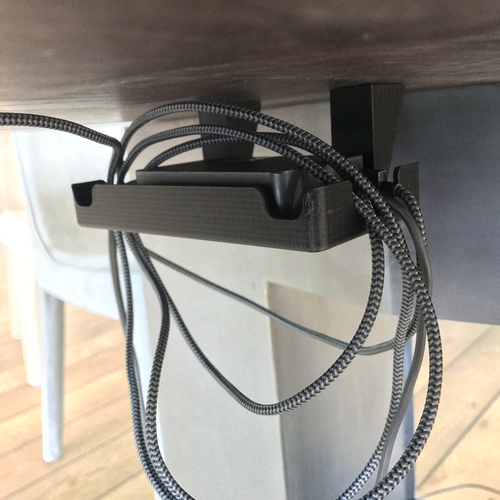 Under-table charger holder and cable wrap-up