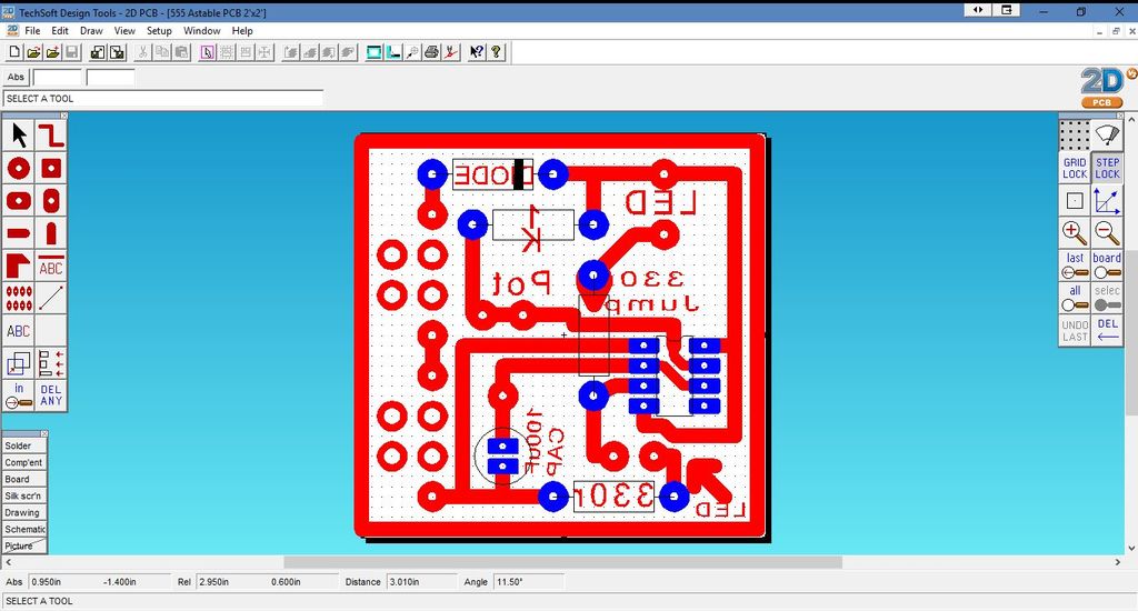 555 Astable Circuit Diagram and PCB Layout - Techsoft 2D PCB