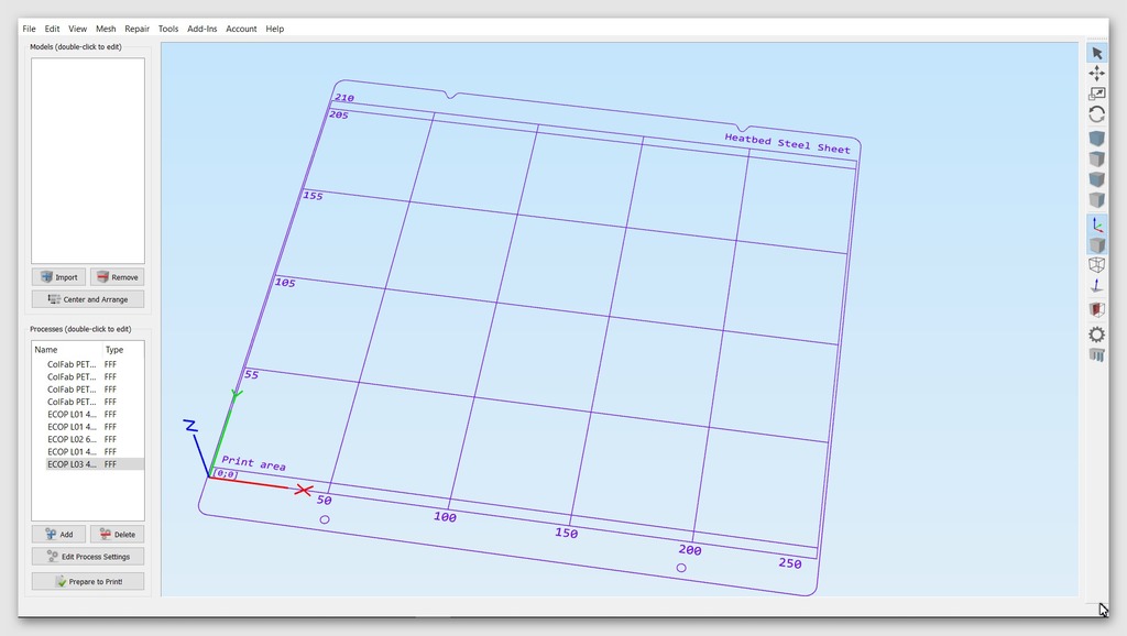 Simplify3D PRUSA i3 MK3 MK52 steelsheet bedfile with grid