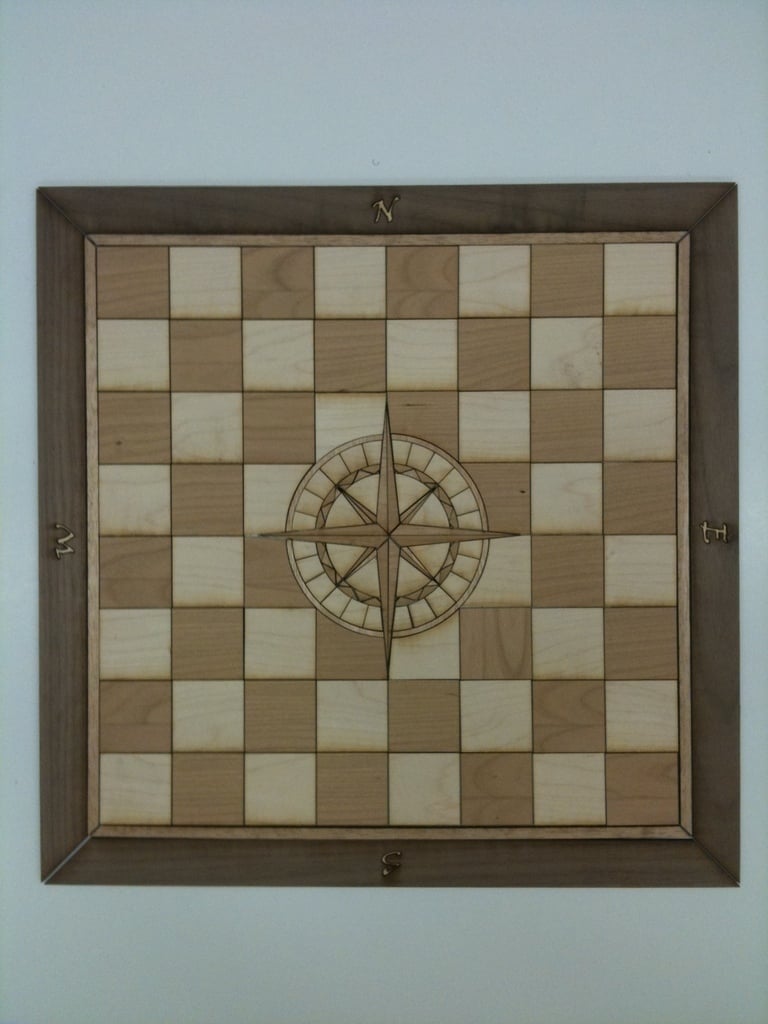 Laser Cut Chess Board with Compass Rose Inlay