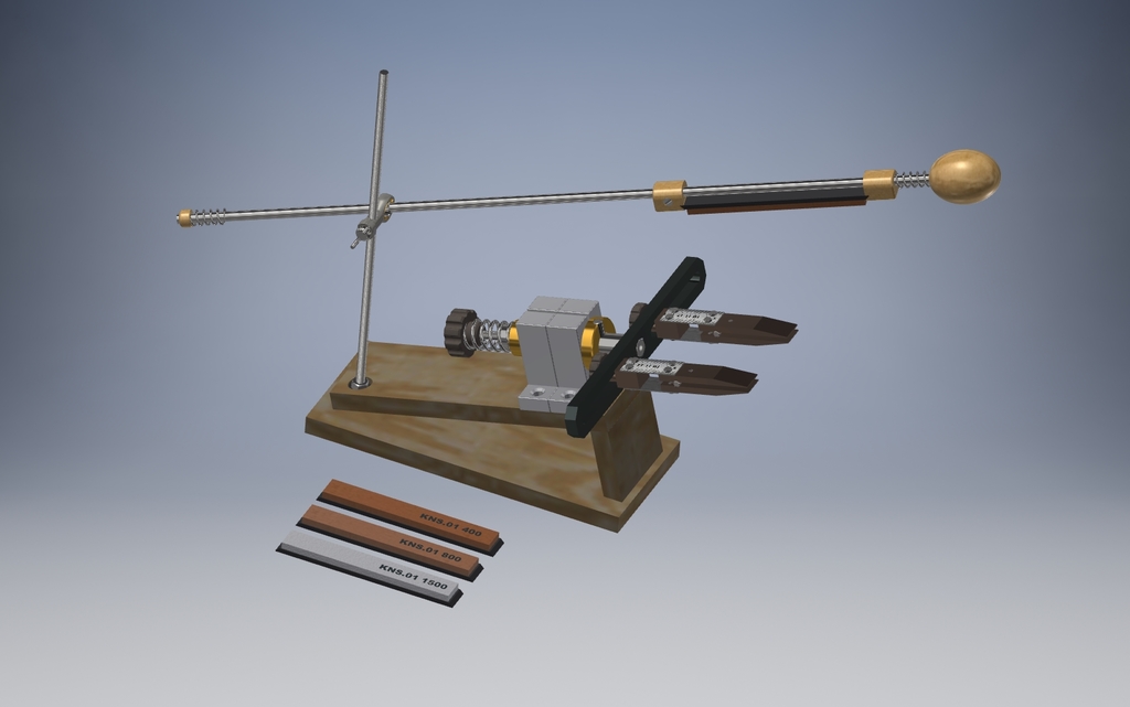 The machine for sharpening of knives with the rotary mechanism. 3D model and drawings for milling on the machine.