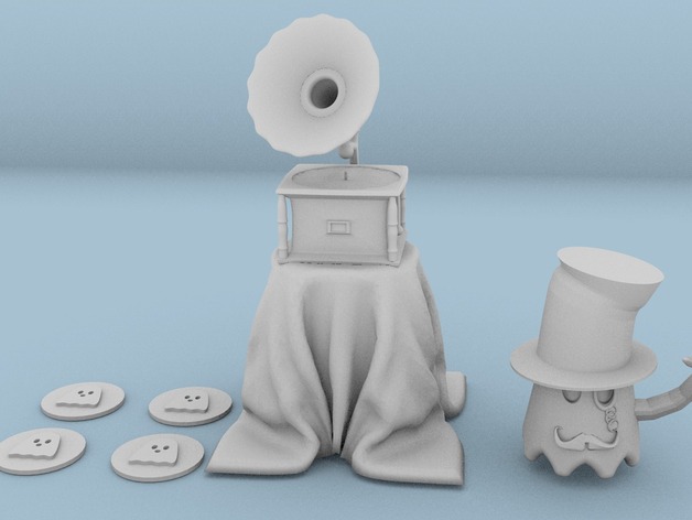Gramophone whith ghostly mini figure and discs