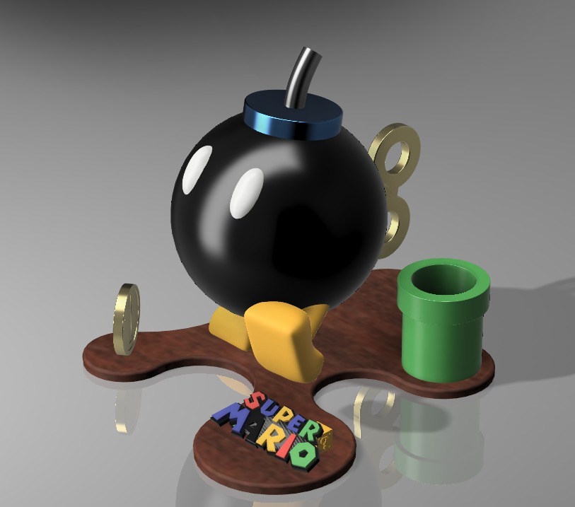 Bob-omb Statue from Super Mario Bros with Pipe and Coin