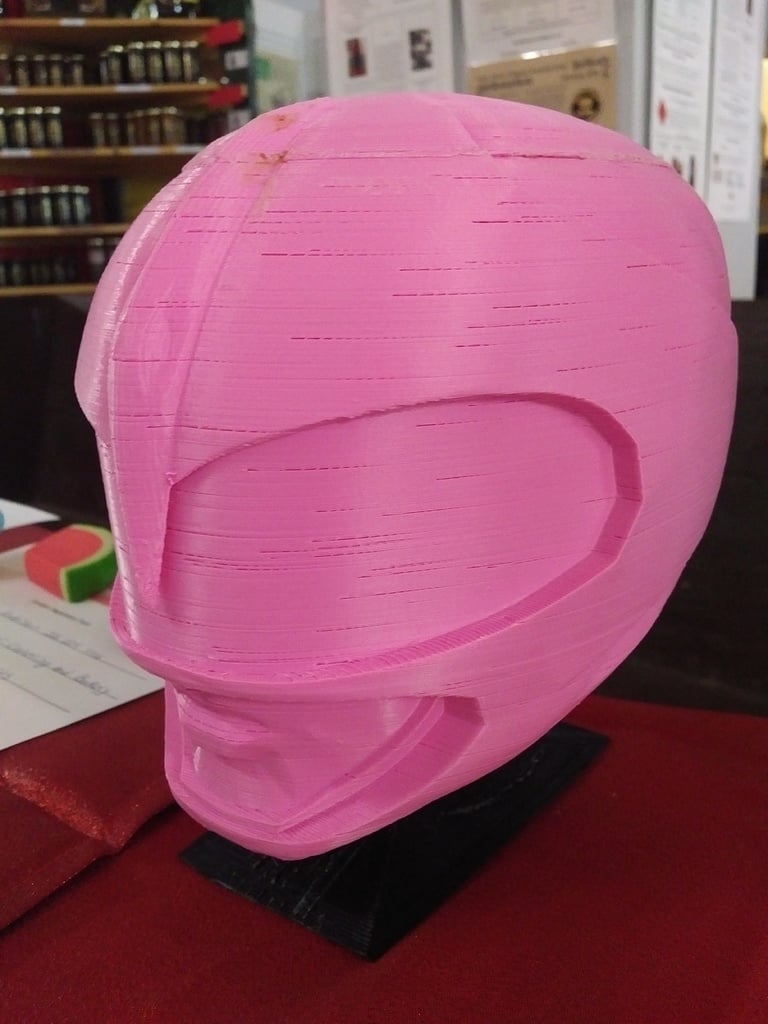 Pink Power Ranger Helmet on a stand
