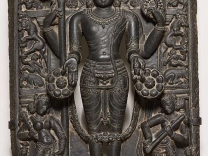God Vishnu with His Consorts Lakshmi and Sarasvati