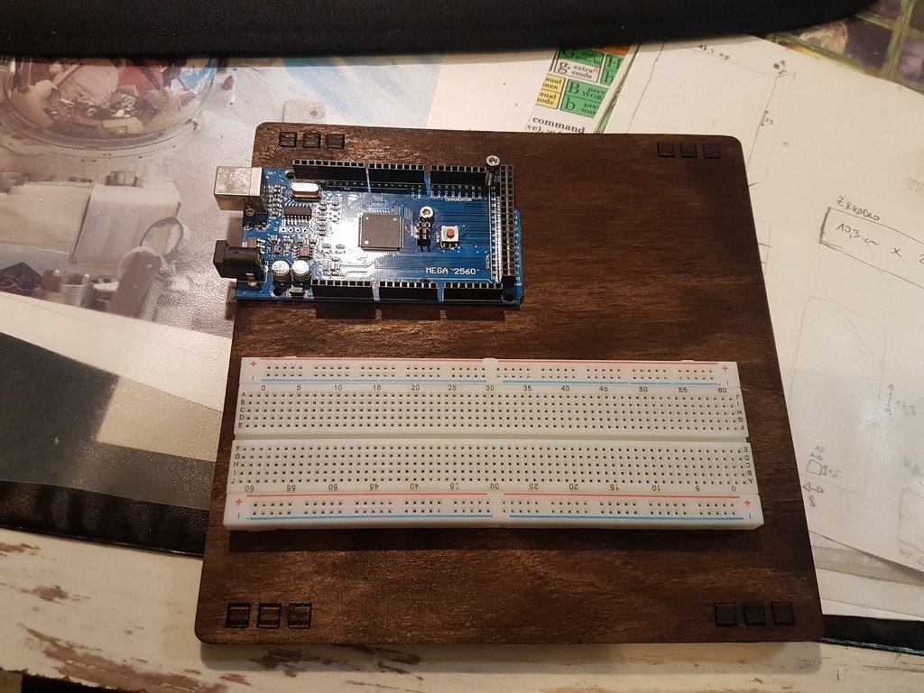 Arduino Mega with breadboard laser engraved holder