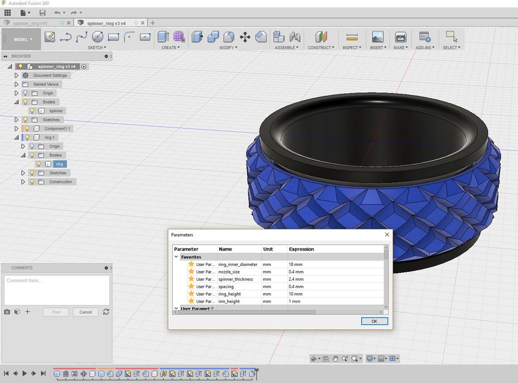 Parametric, printable, spinning fidget ring (Fusion 360)