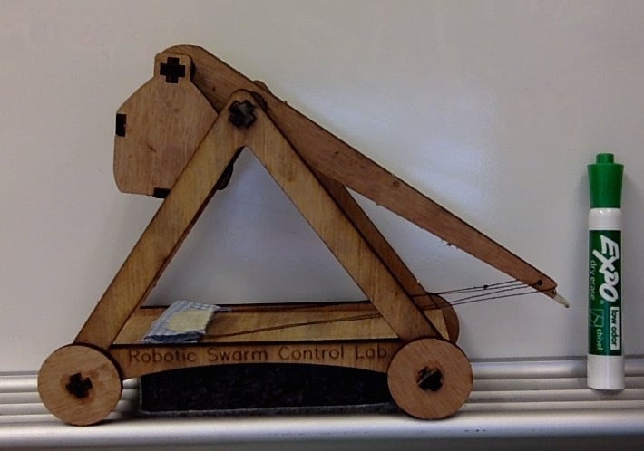 Laser Cut Desktop Trebuchet (larger, with wheels and jointed weight basket