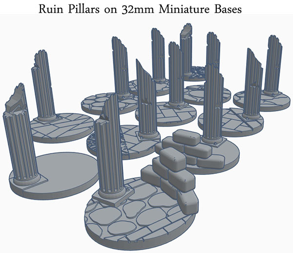 32mm Round Bases With Ruin Pillars (x15) for Dungeons & Dragons or fantasy tabletop Miniatures