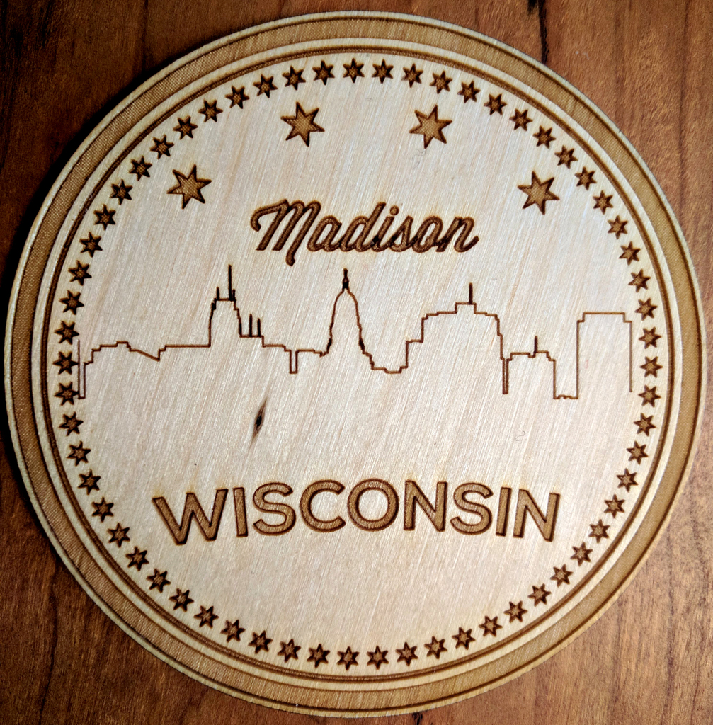 Laser cut coaster of the Madison skyline