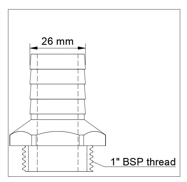 1" BSP to 25 mm barb adapter