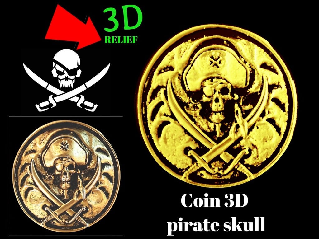 SKULL PIRATE COIN 3D RELIEF