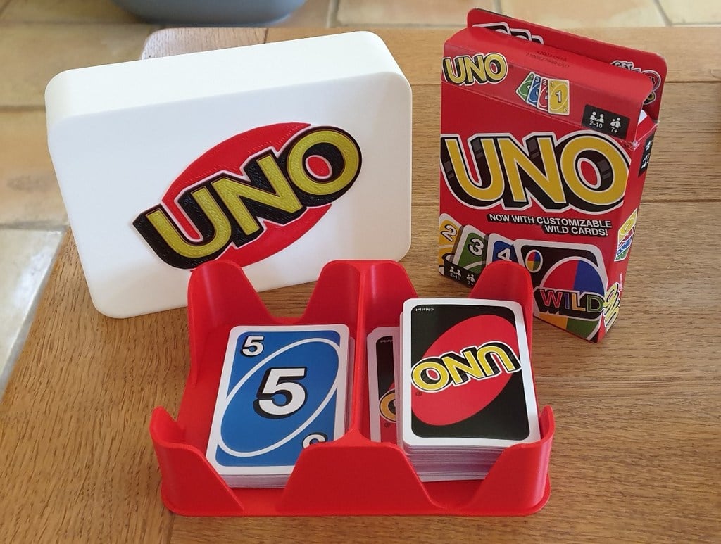 Card Game Deck Holder and Storage Box with Example Uno Logo.