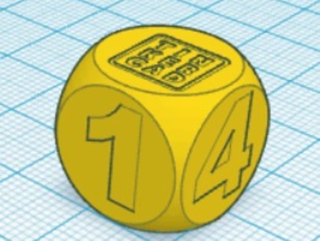 6 sided dice with 5 #s. logo on top