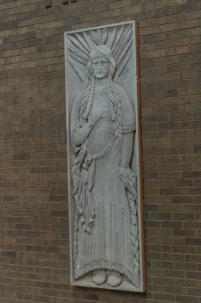 Limestone Indian Maiden Panel at First National Bank