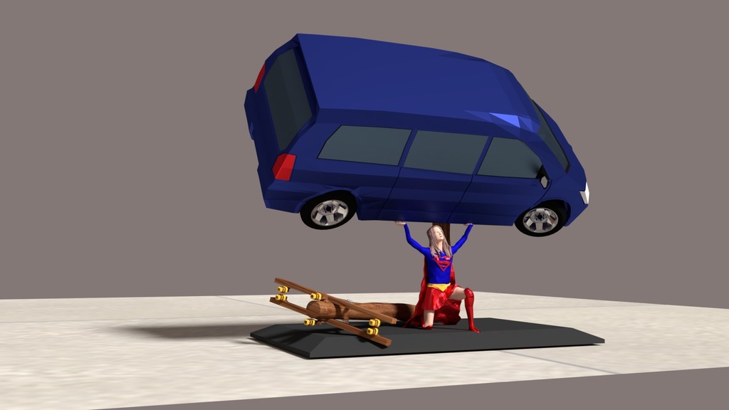 SuperGirl holding up a van