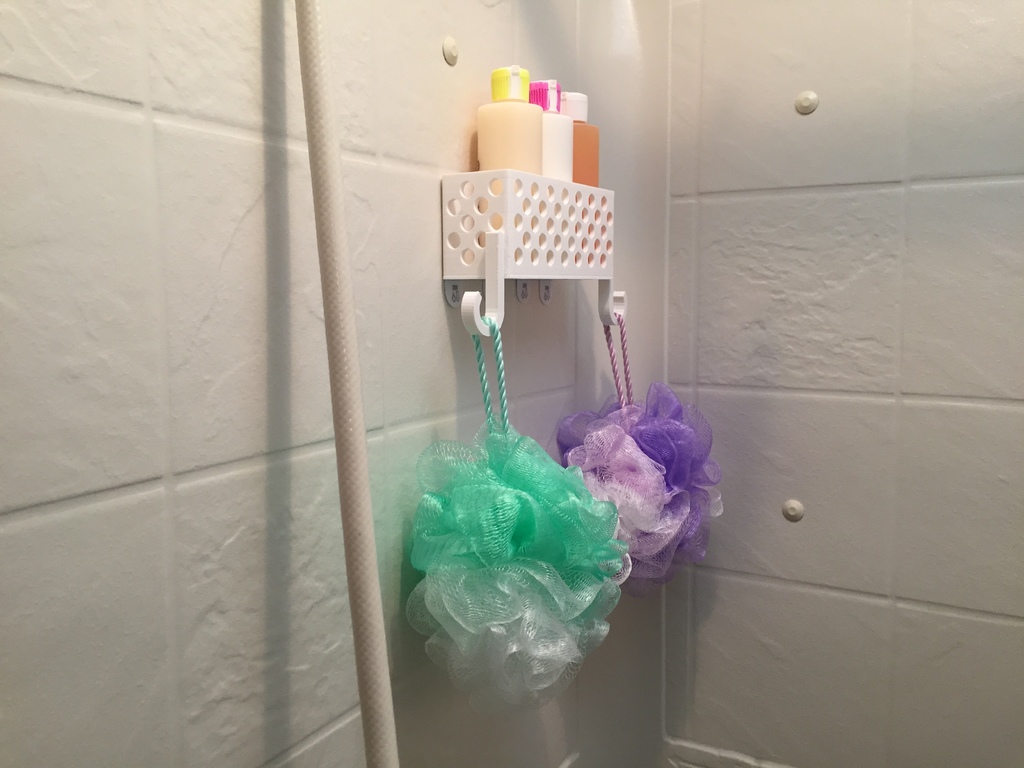 Shower caddy, low profile with hooks.